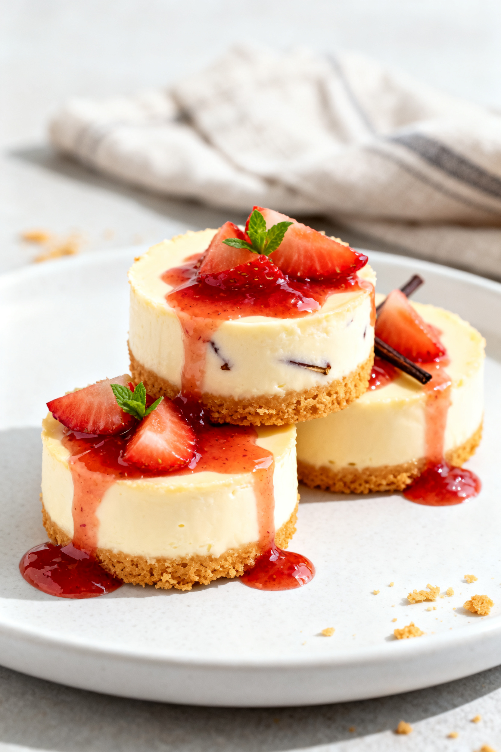 Final plated presentation: Restaurant-quality plate of three air fryer cheesecake bites with a golde
