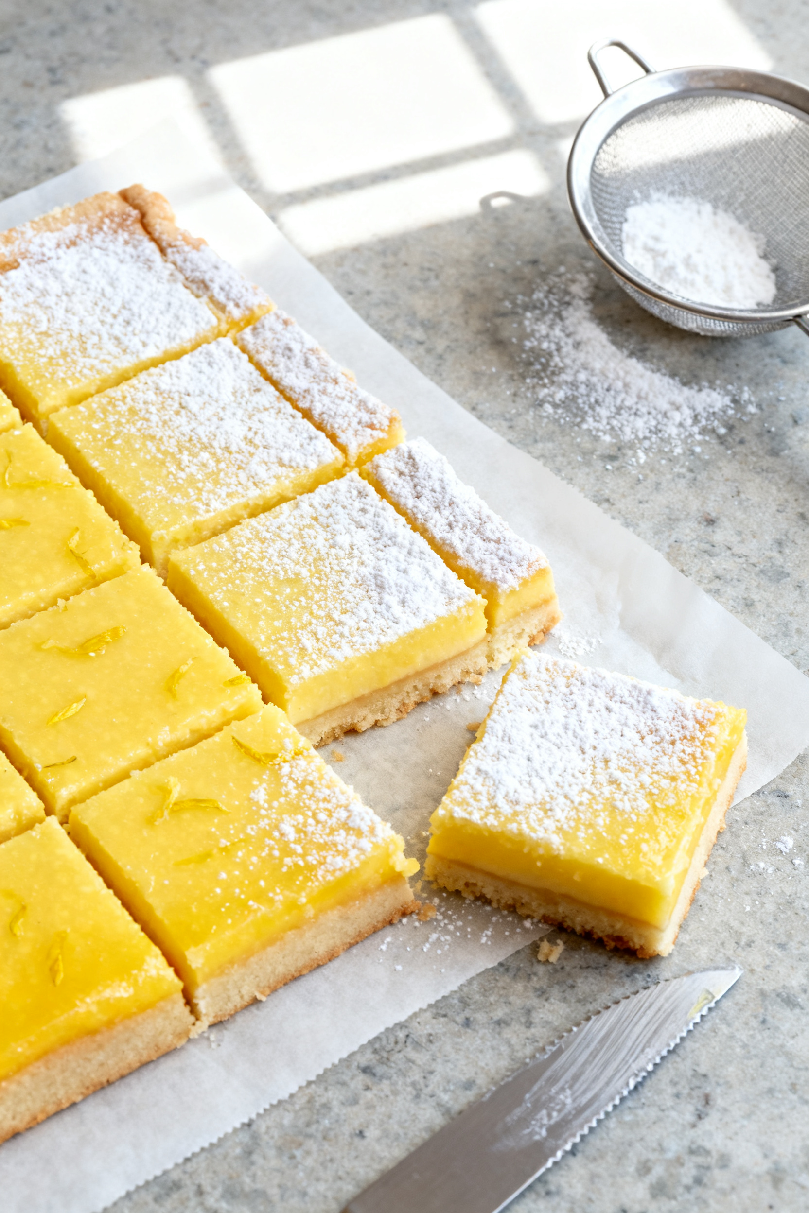 Overhead shot of chilled lemon bars on parchment, dusted generously with powdered sugar right before
