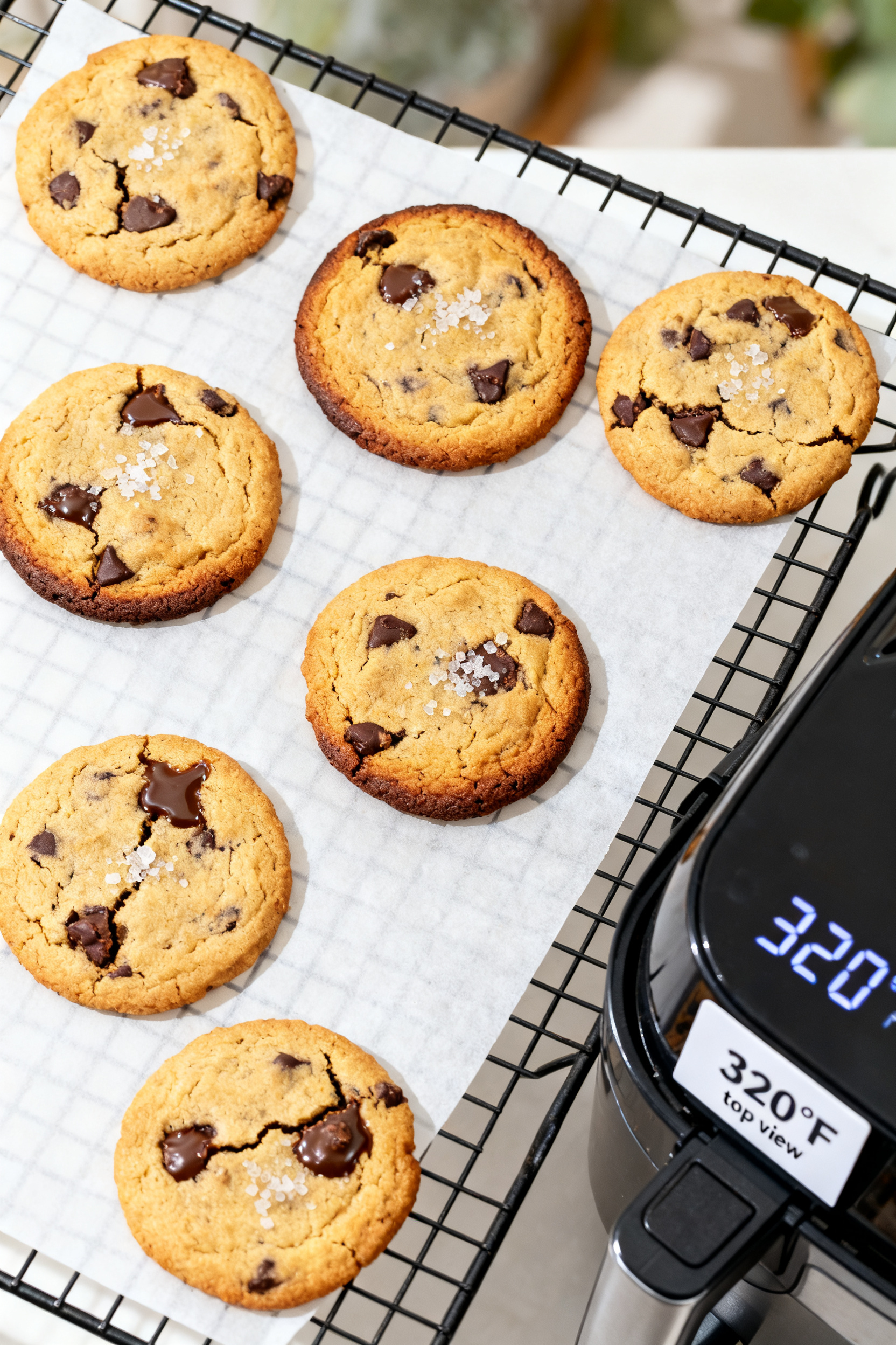 Overhead âtasty top viewâ of a small-batch cookie setup: 5â6 air fryer chocolate chip cookies