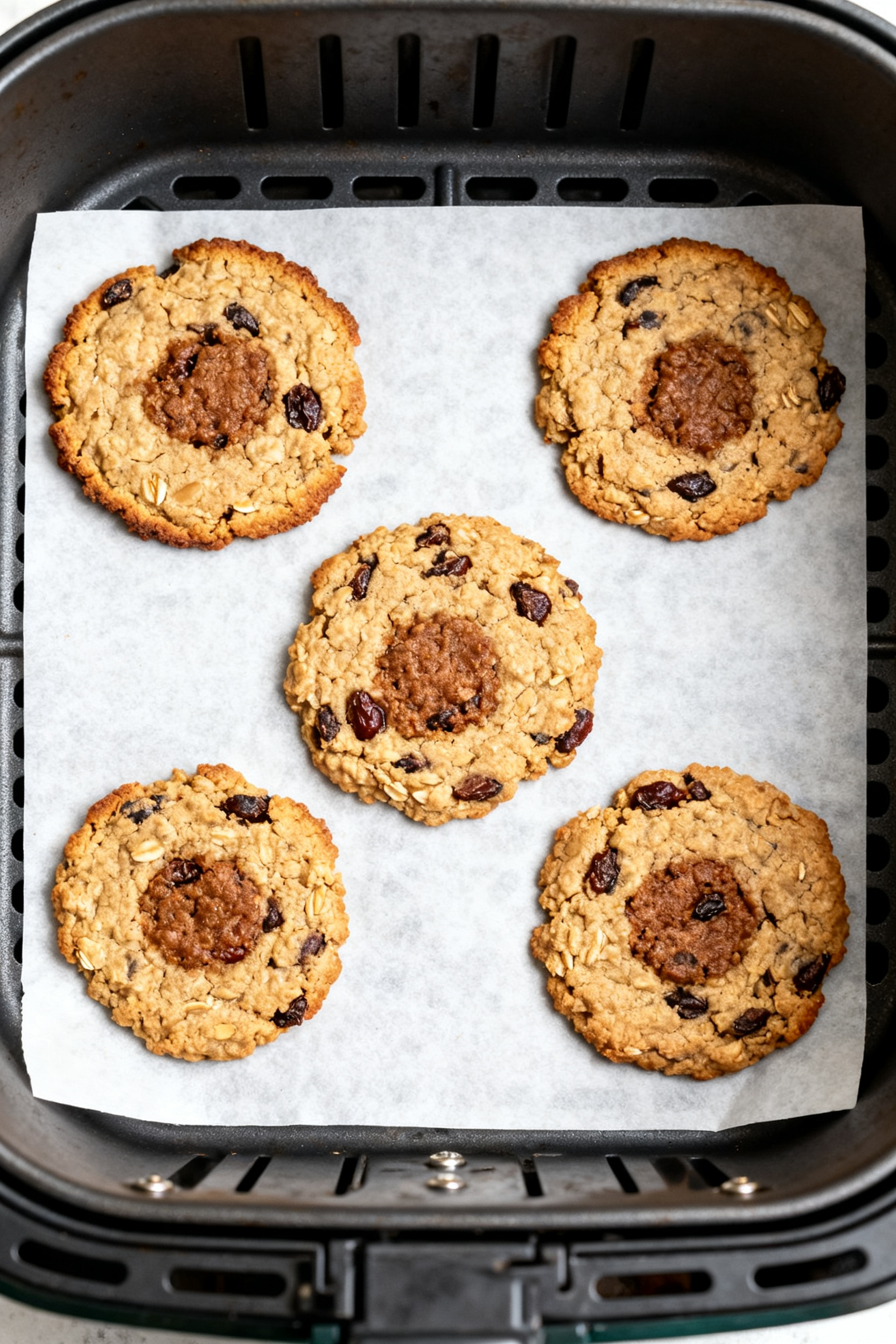 Overhead “tasty top view” of a small-batch setup: 5 evenly spaced oatmeal raisin cookies in the