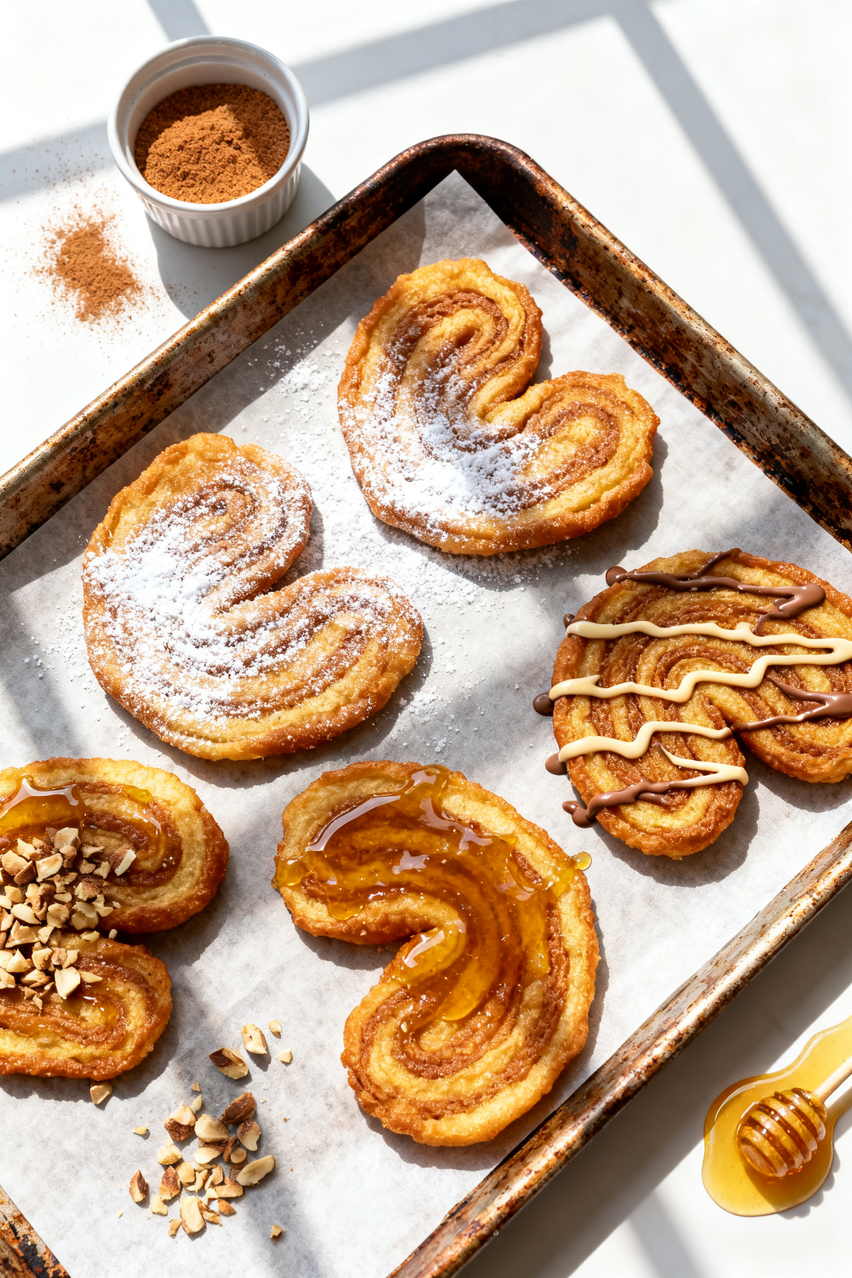 Overhead “tasty top view” of multiple air fryer elephant ears arranged on parchment over a rusti
