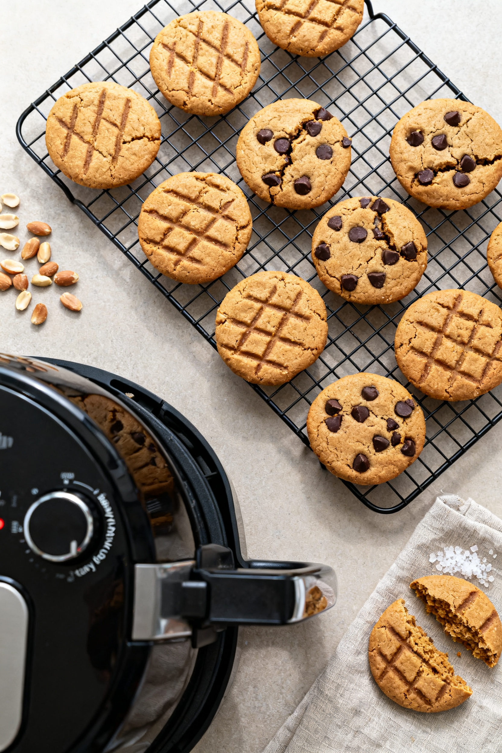 Overhead “tasty top view” shot: a small batch of air fryer peanut butter cookies on a cooling ra