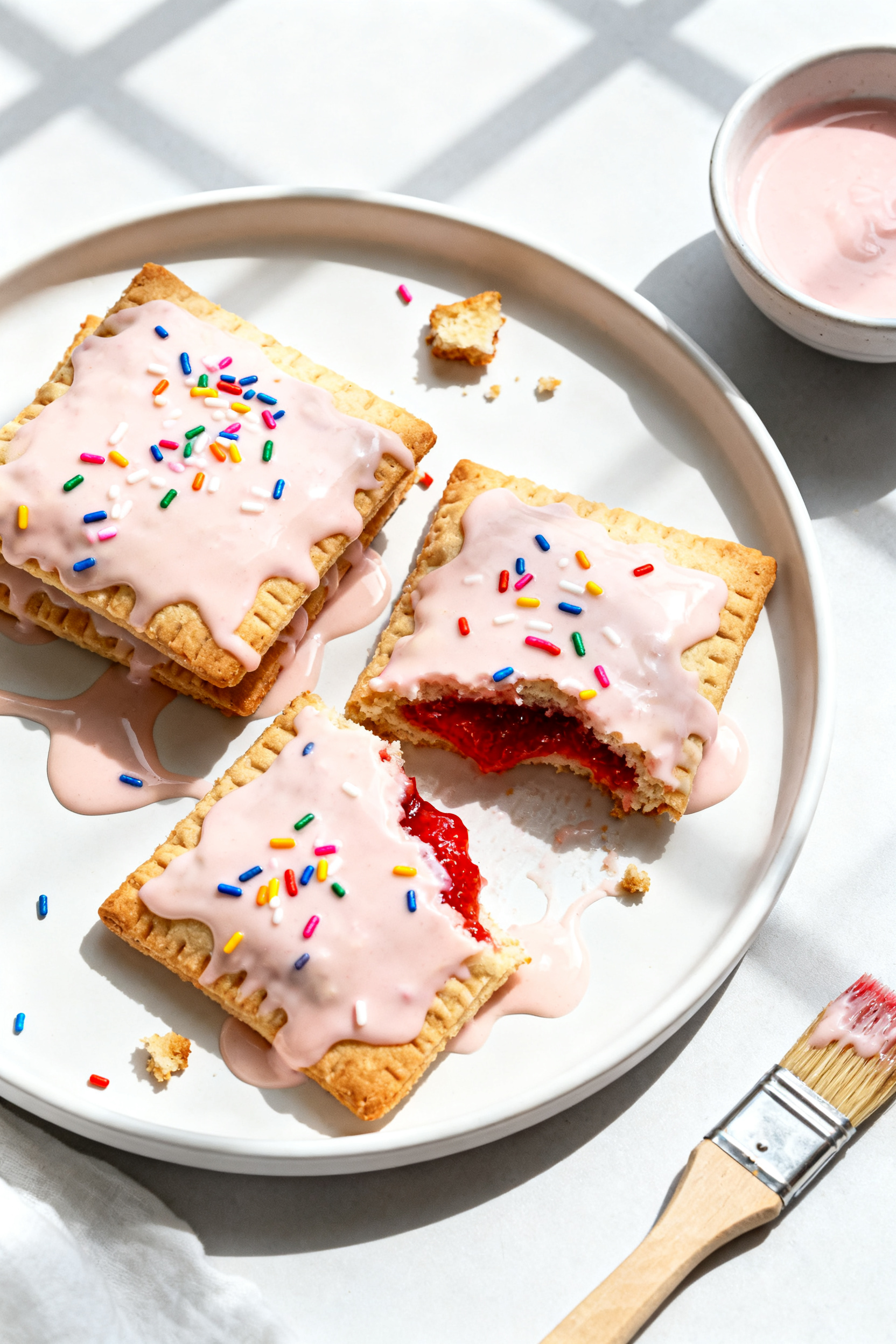 Tasty top view (final presentation): Overhead shot of fully glazed Air Fryer Strawberry Pop-Tarts on