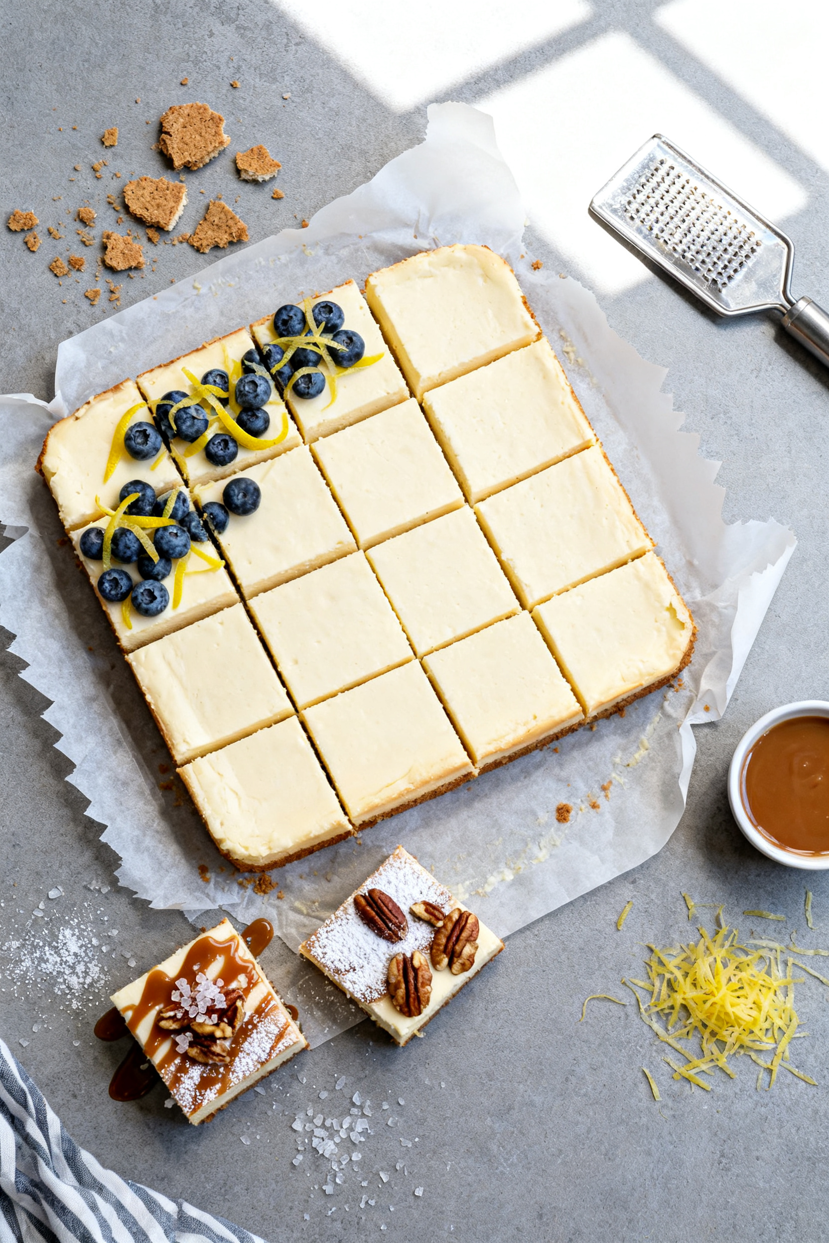 Tasty top view: Overhead shot of a chilled 8-inch slab of air fryer cheesecake cut into neat 1–2 i