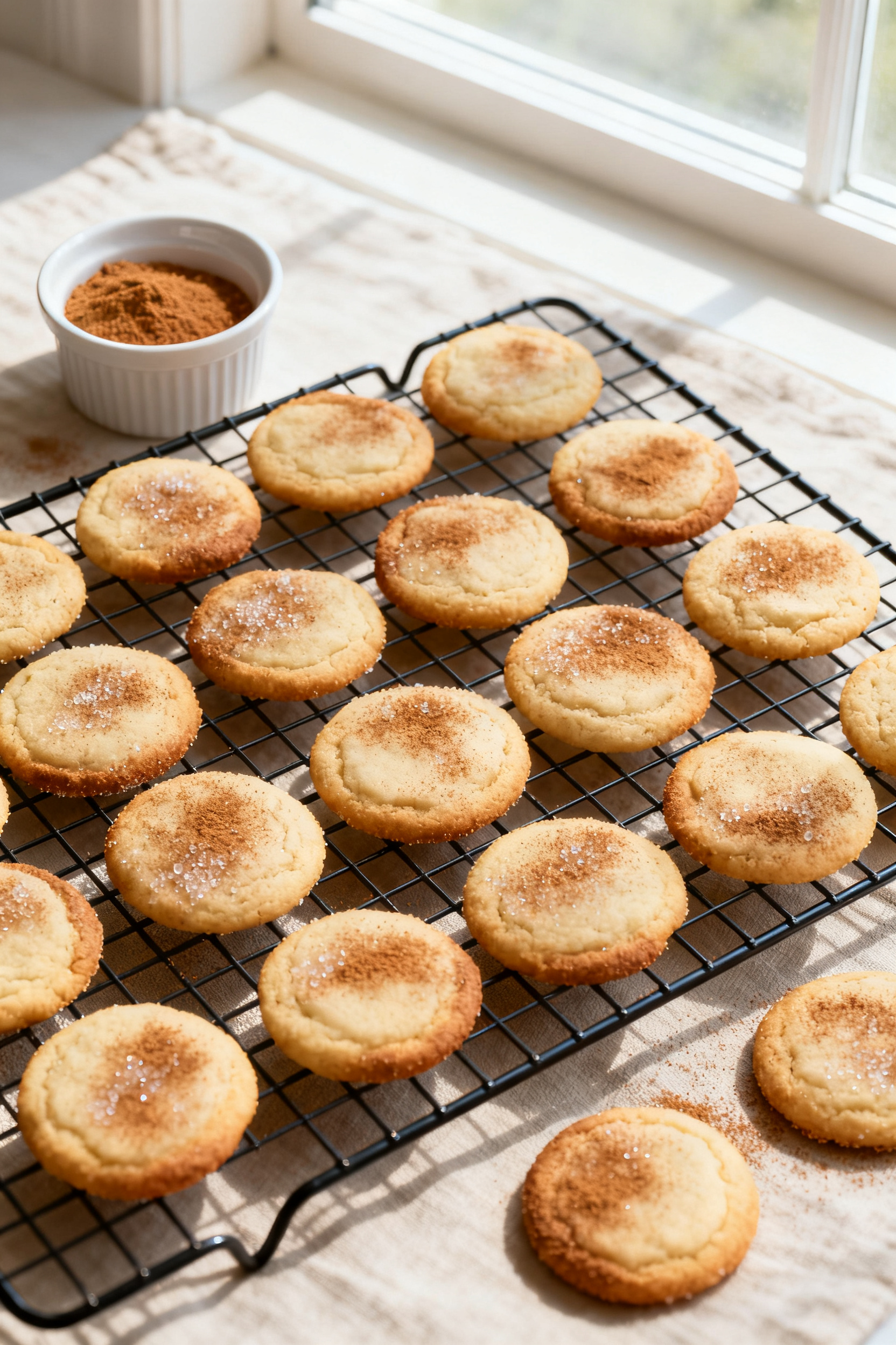 Tasty top view: Overhead shot of a cooling rack filled with small, uniformly round snickerdoodles du