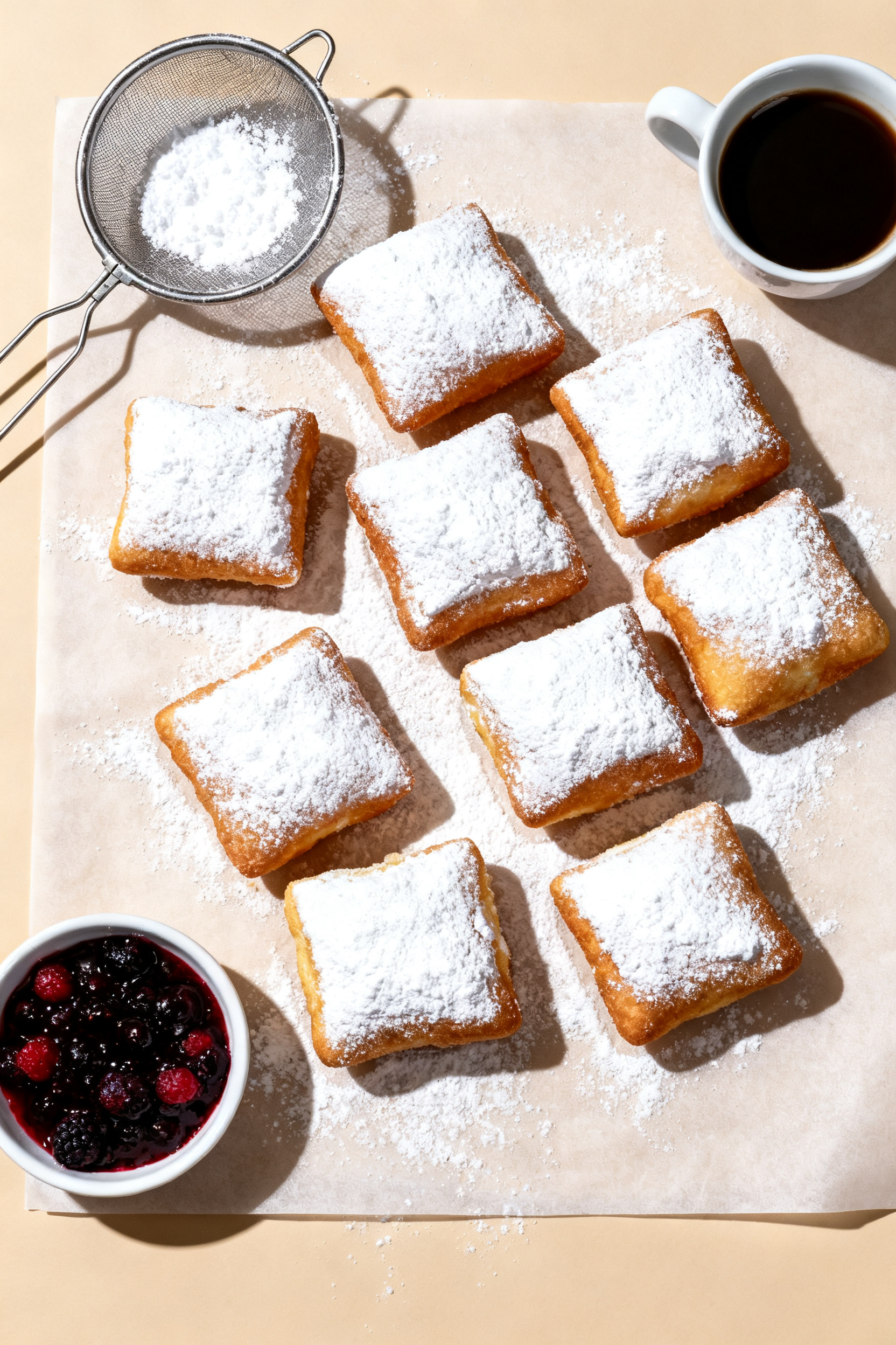 Tasty top view: Overhead shot of a parchment-lined sheet holding freshly risen, cooked beignets arra