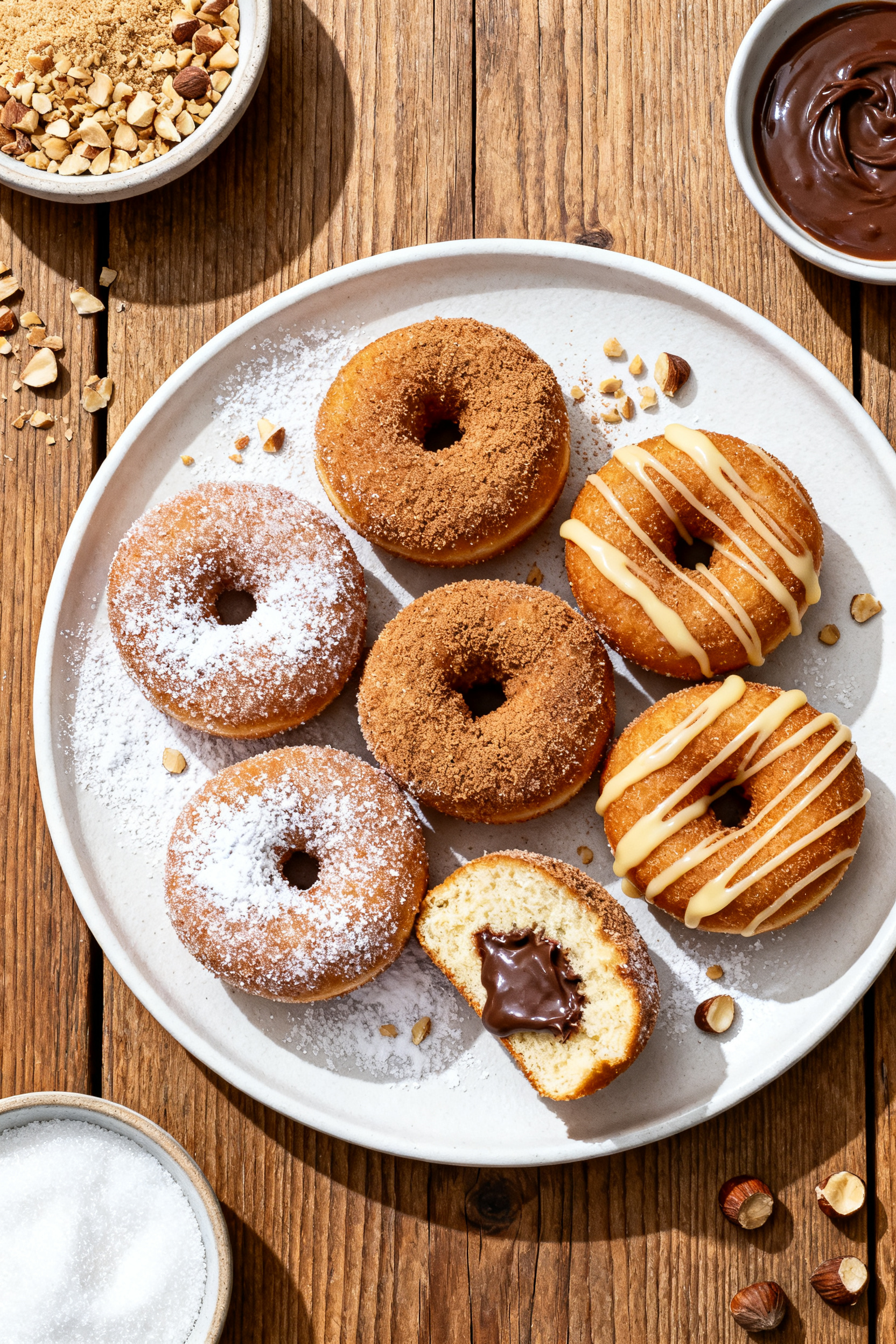 Tasty top view: Overhead shot of a platter of finished Nutella-stuffed donuts—some tossed in granu