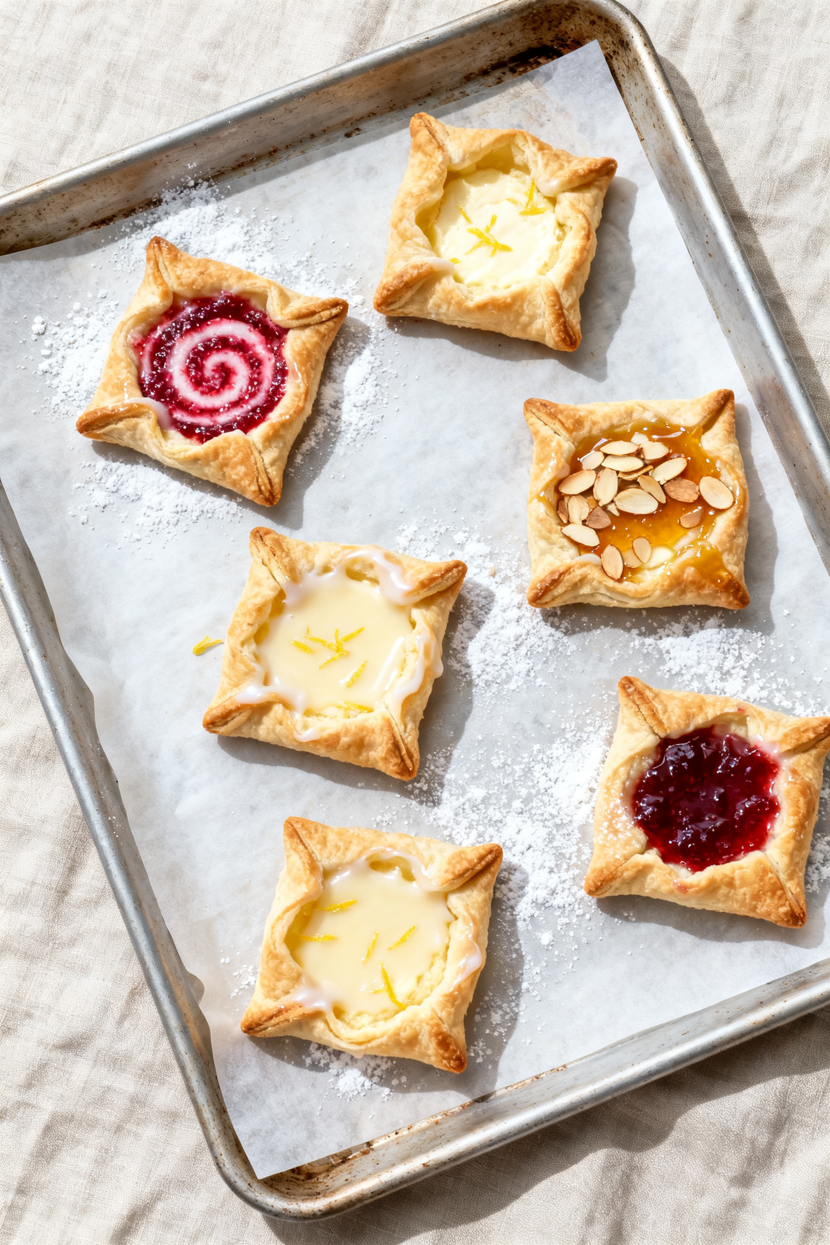 Tasty top view: Overhead shot of a small-batch brunch spread—six air fryer cream cheese danishes o