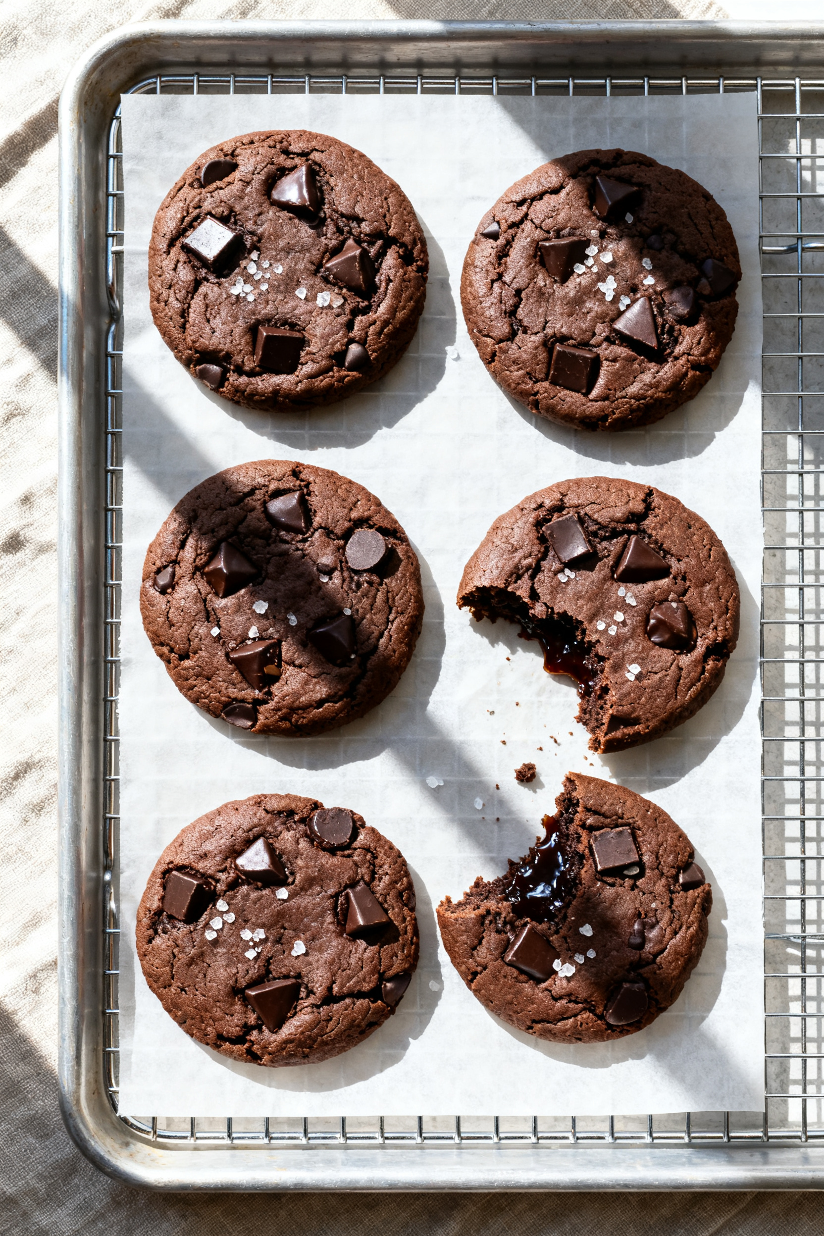 Tasty top view: Overhead shot of a small-batch cooling scene—six double chocolate cookies spaced o