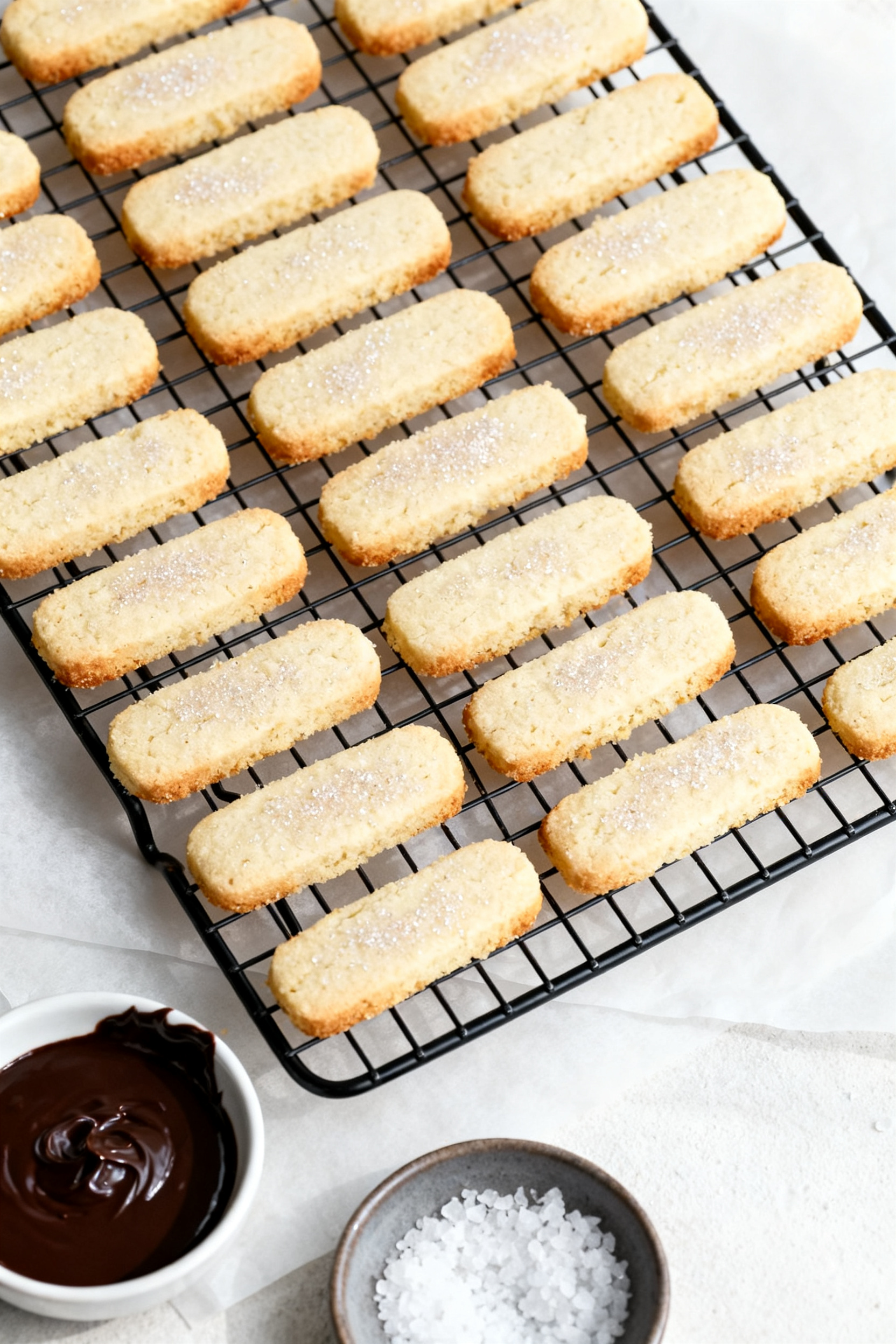 Tasty top view: Overhead shot of neatly arranged classic shortbread fingers on a cooling rack, evenl