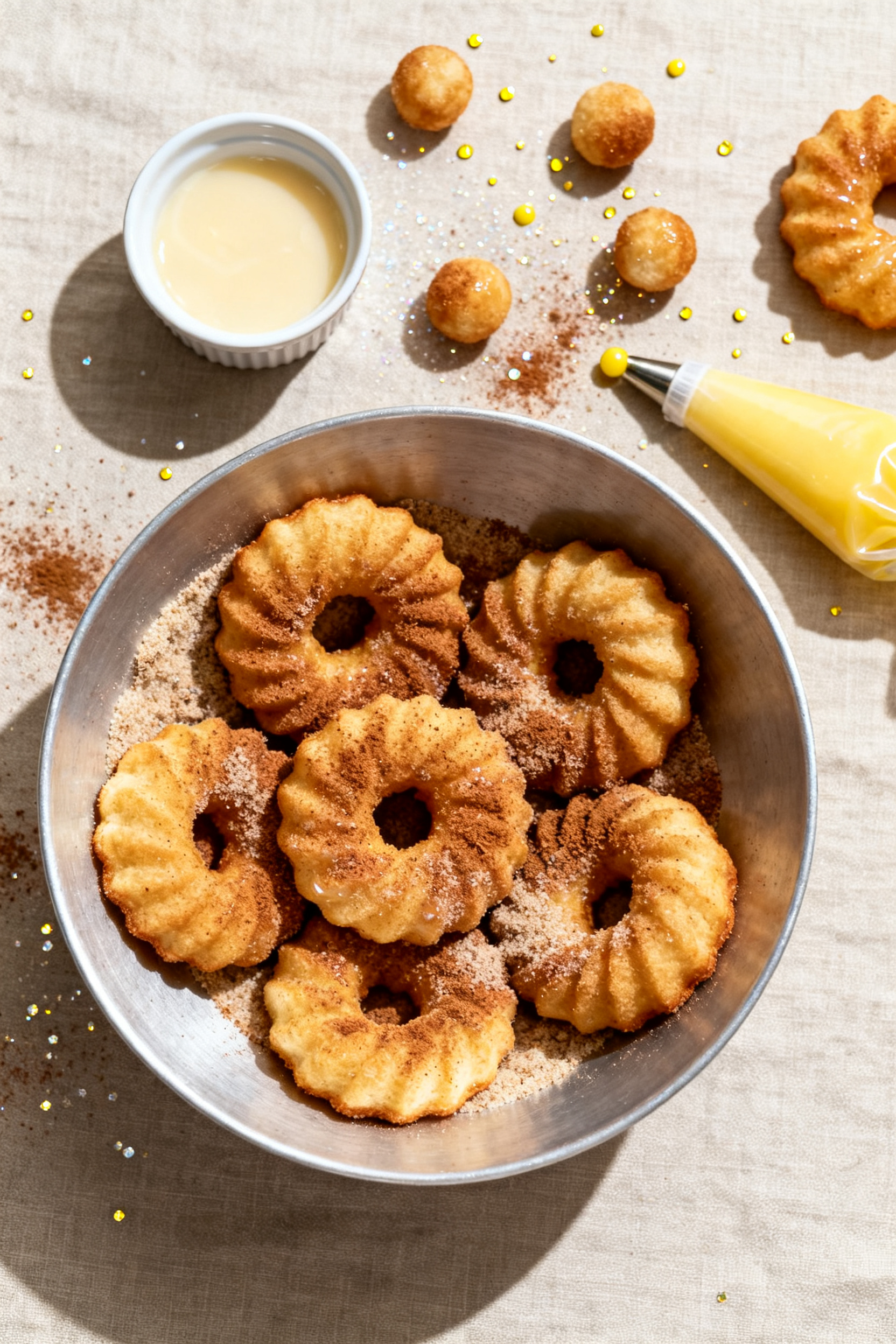 Tasty top view: Overhead shot of warm cronuts being tossed in cinnamon sugar in a wide, shallow meta