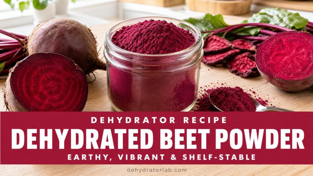 Dehydrated beet powder in a glass jar next to fresh beets