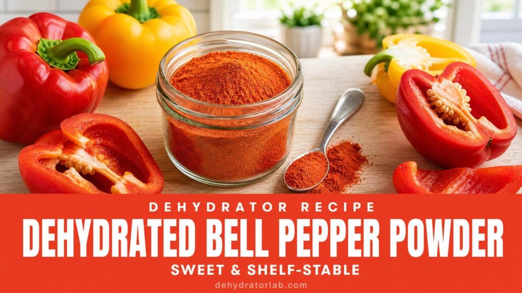 Dehydrated bell pepper powder in a glass jar next to fresh bell peppers