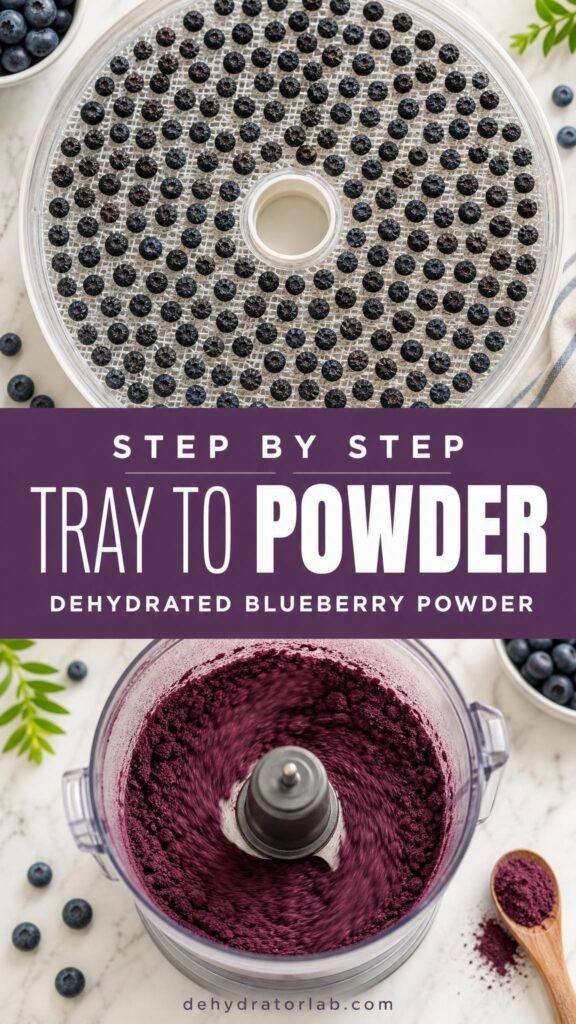 tep by step process of drying and grinding blueberries into powder