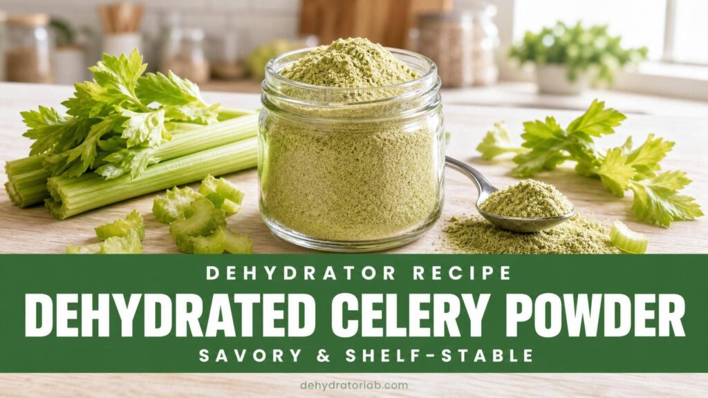 Dehydrated celery powder in a glass jar next to fresh celery ribs