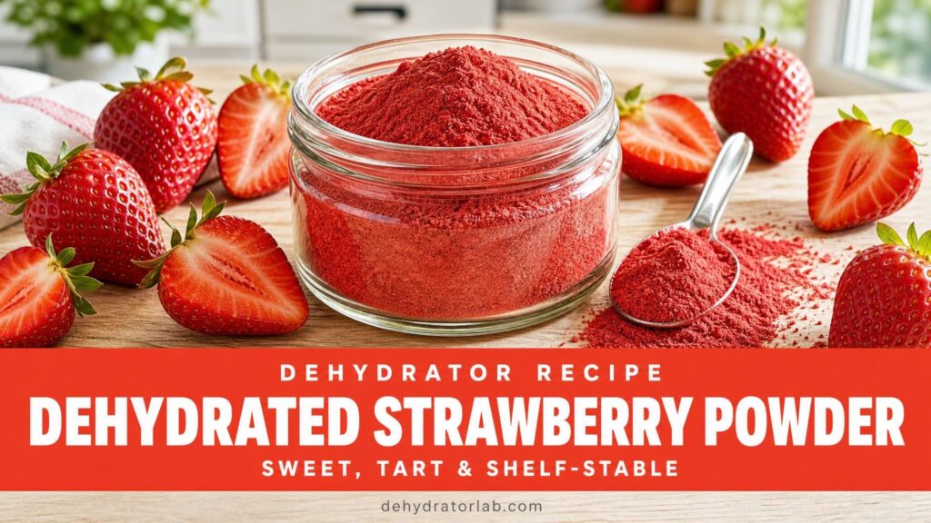 Dehydrated strawberry powder in a glass jar next to fresh strawberries