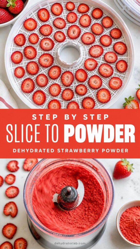 Step by step process of drying and grinding strawberries into powder