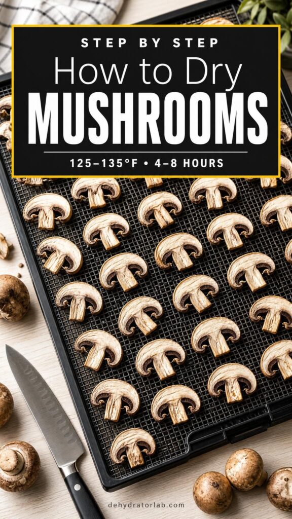 Fresh mushroom slices spaced on a dehydrator tray ready to dry