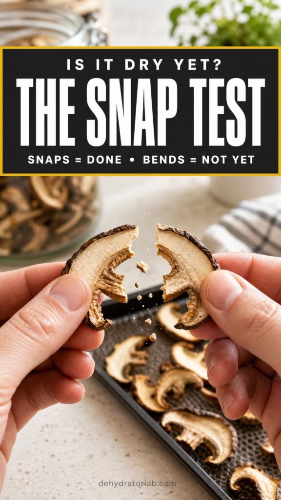 Snapping a dried mushroom slice to test if it is fully dehydrated