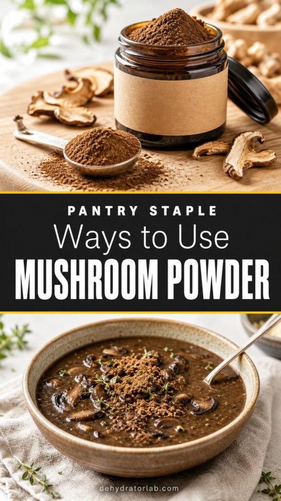 Homemade mushroom powder in a jar and stirred into a bowl of soup