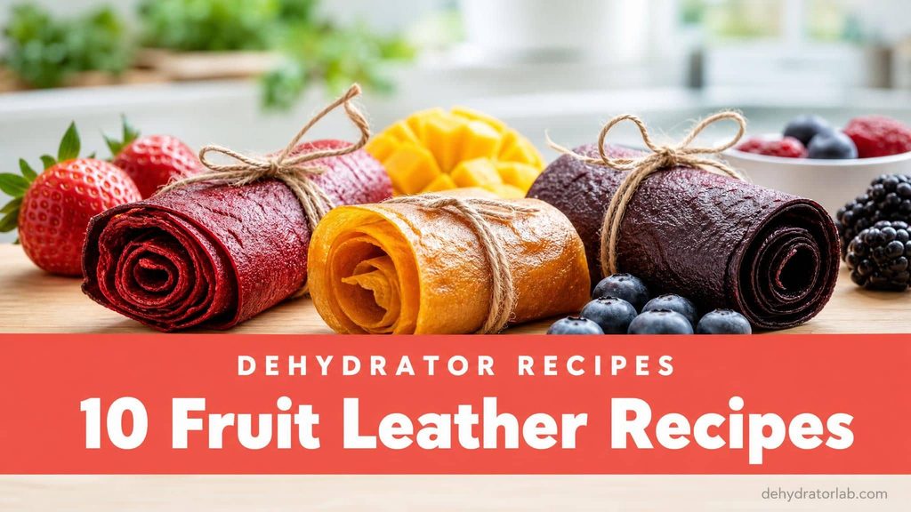 A landscape roundup image of rolled dehydrated fruit leathers in several colors