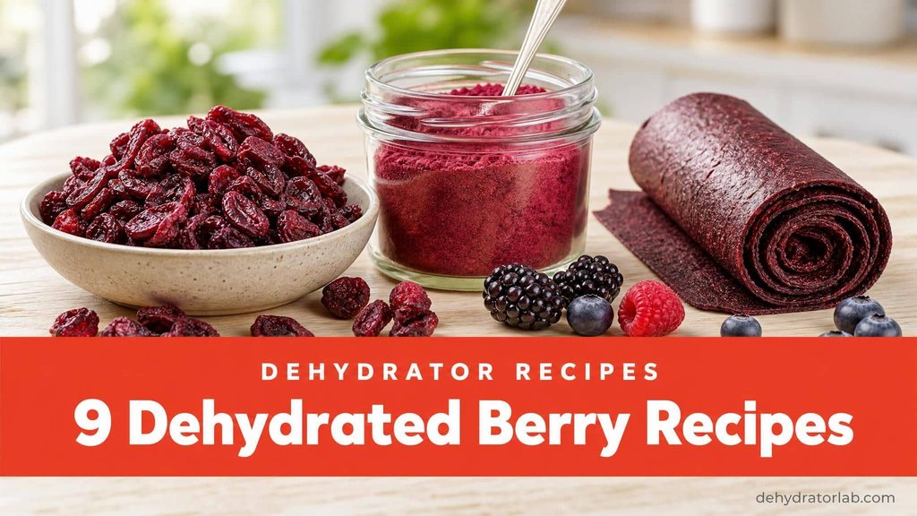 A landscape roundup image of dehydrated berries including cranberries, blueberry chips, and berry powders