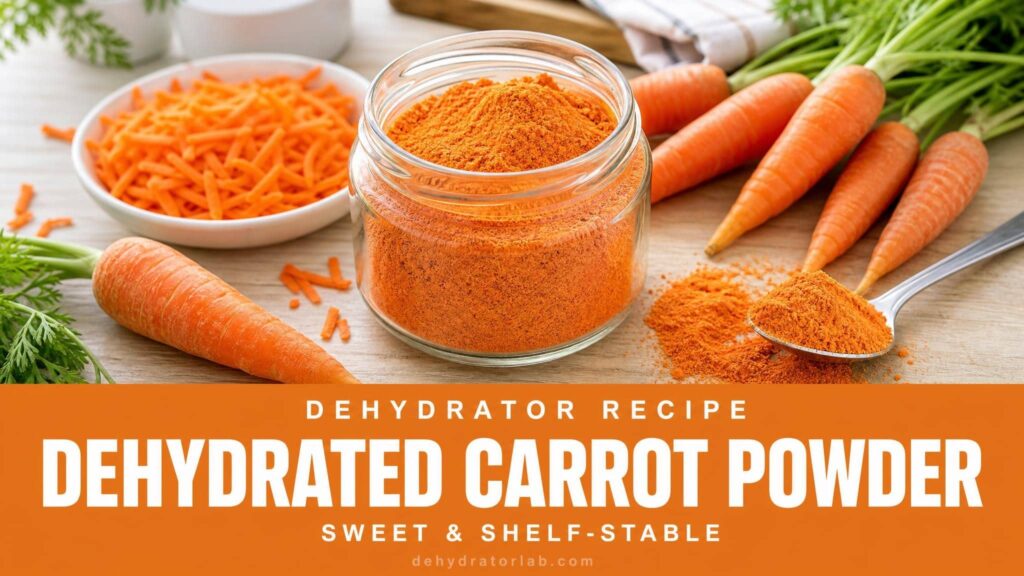 Dehydrated carrot powder in a glass jar next to fresh carrots