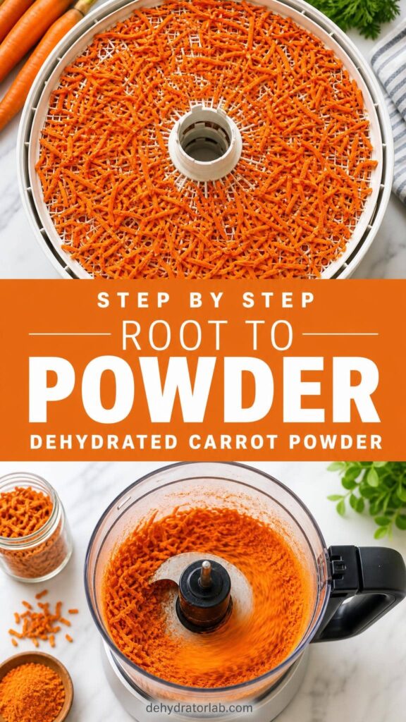 Step by step process of drying and grinding carrots into powder