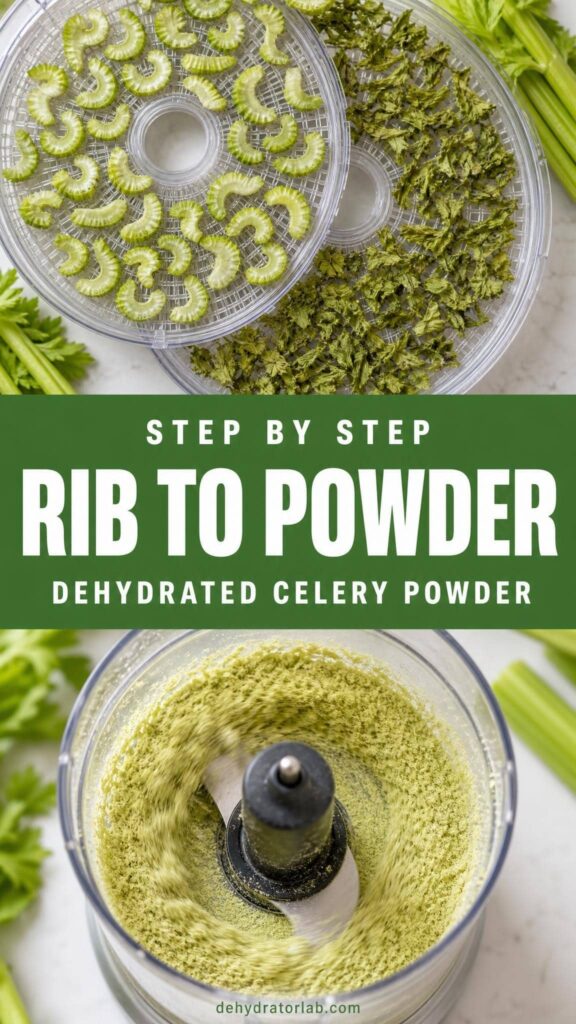 Step by step process of drying and grinding celery into powder