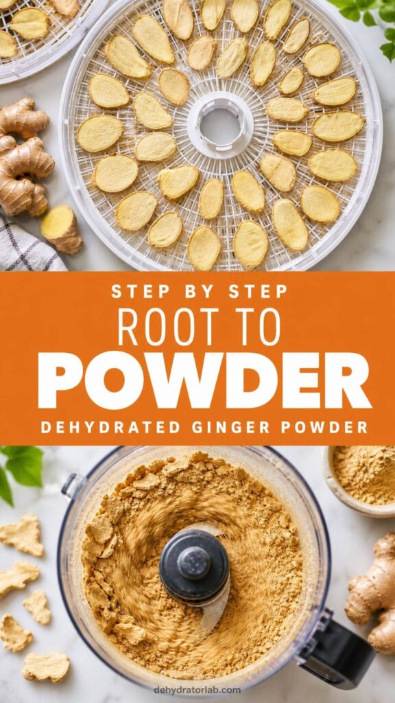 Step by step process of drying and grinding ginger into powder