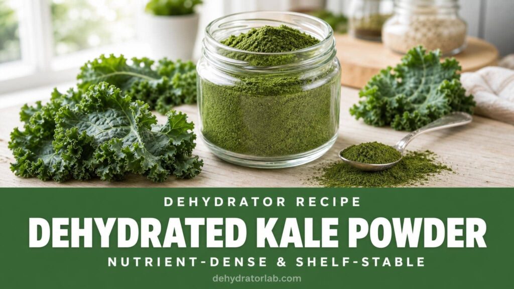 Dehydrated kale powder in a glass jar next to fresh kale leaves