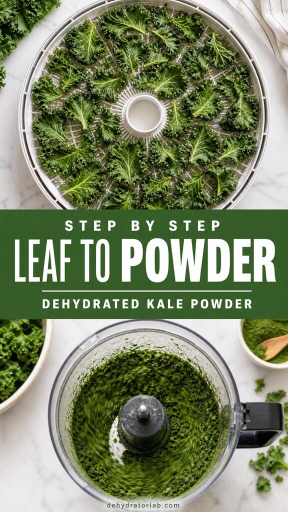 Step by step process of drying and grinding kale into powder