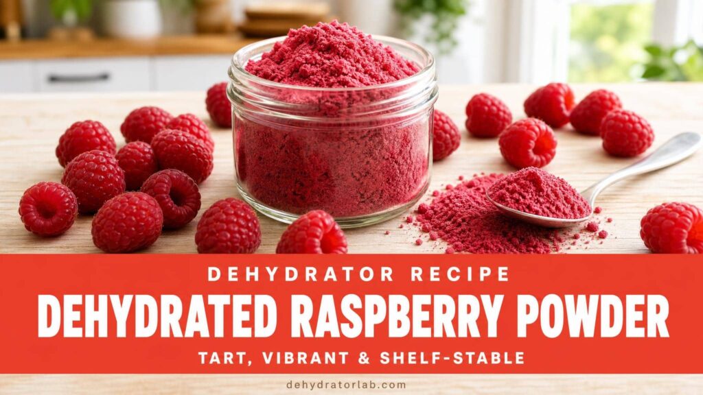 Dehydrated raspberry powder in a glass jar next to fresh raspberries