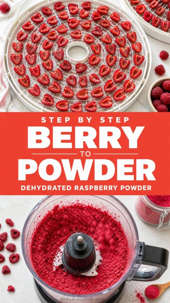 Step by step process of drying and grinding raspberries into powder