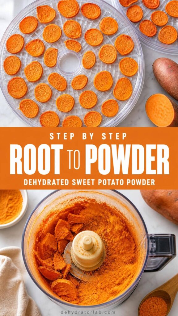 Step by step process of drying and grinding sweet potato into powder