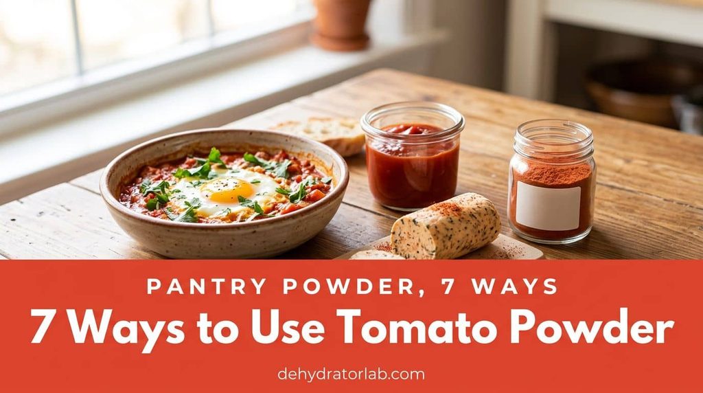 Seven dishes made with homemade dehydrated tomato powder arranged on a table