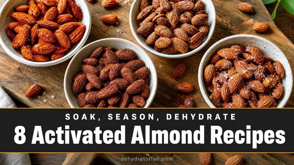 An assortment of flavored activated almonds in small bowls on a wooden board