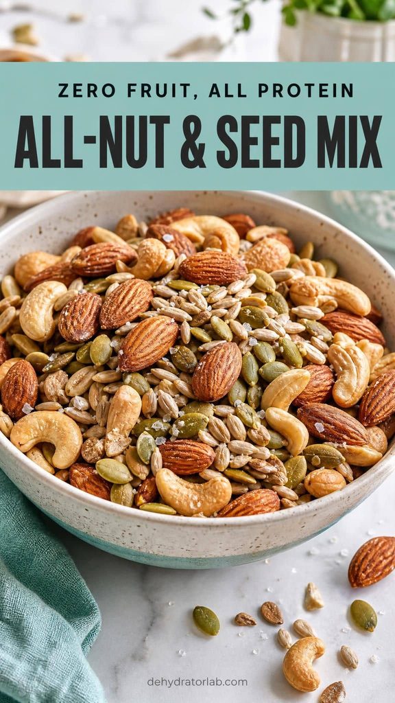 A bowl of trail mix with almonds, cashews, pumpkin seeds, and sunflower seeds, no fruit