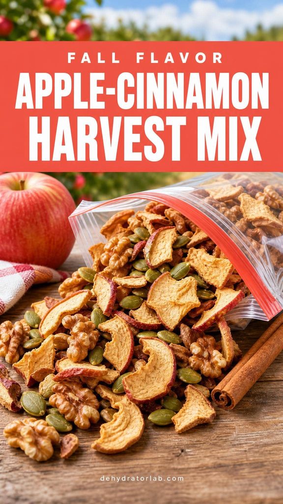A bag of trail mix with dried apple pieces, walnuts, and pumpkin seeds spilling out