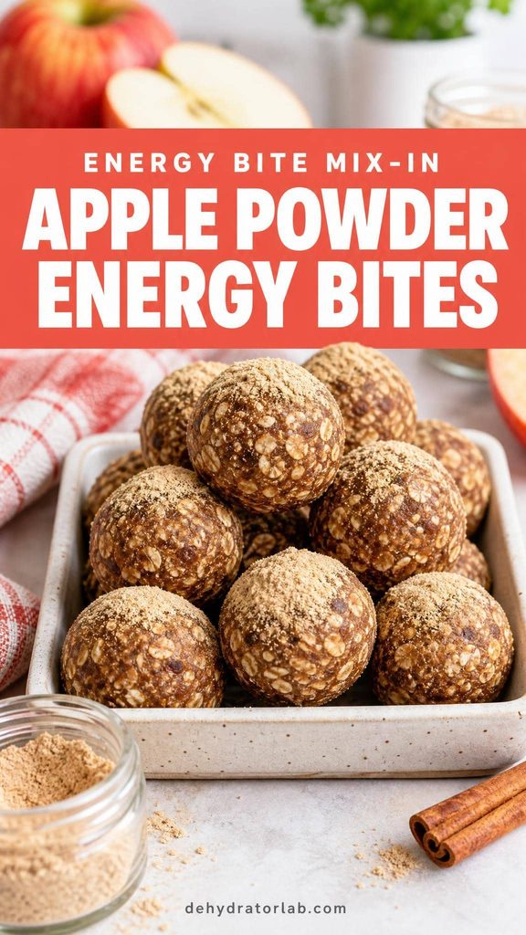 A tray of oat and date energy bites dusted with light tan apple powder and cinnamon