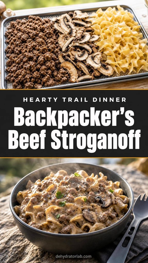 Dehydrated beef stroganoff backpacking meal with egg noodles in a camp bowl