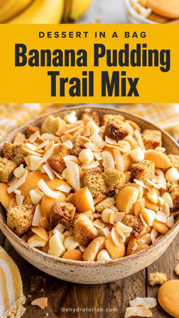 Bowl of banana pudding trail mix with banana bread chips, vanilla wafers, and toasted coconut