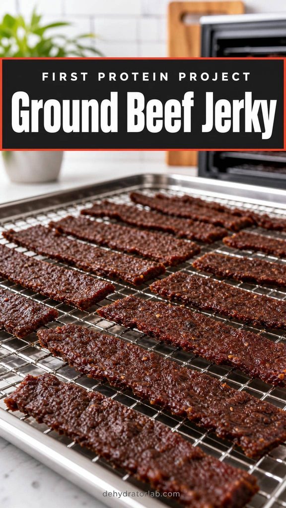 Strips of homemade ground beef jerky cooling on a dehydrator tray