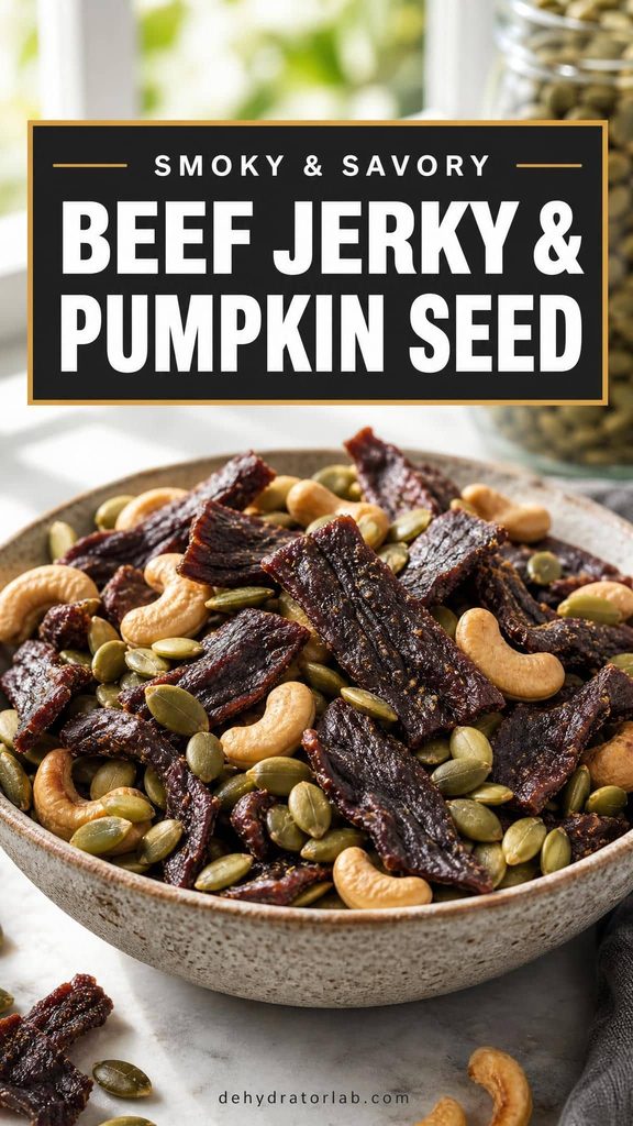 A bowl of trail mix with beef jerky pieces, pumpkin seeds, and cashews
