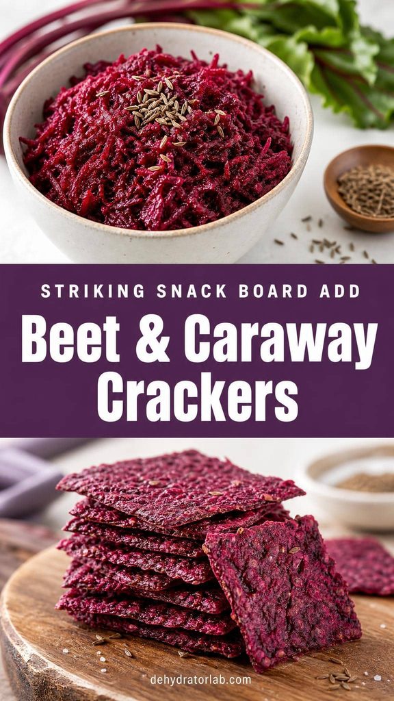 Homemade beet and caraway dehydrated crackers on a wooden board