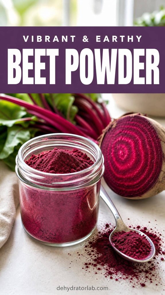 A small jar of deep magenta beet powder next to a halved fresh beet