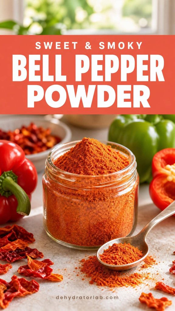 A small jar of vibrant red-orange bell pepper powder next to fresh bell peppers