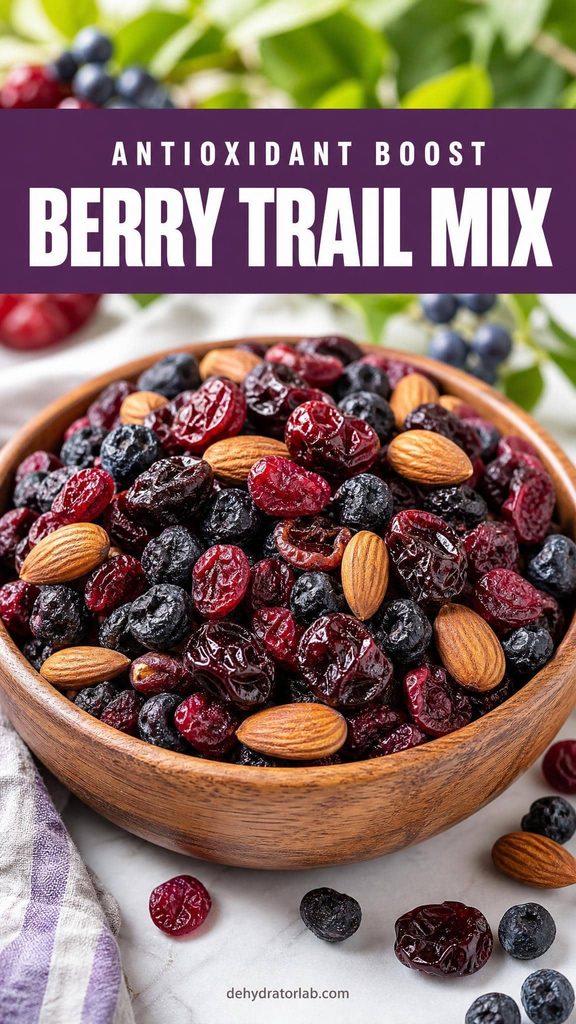 A bowl of trail mix with dried blueberries, cranberries, cherries, and almonds
