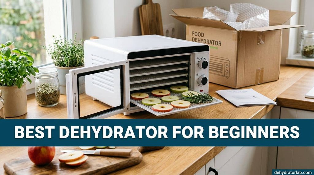 Best dehydrator for beginners with a first batch of apple rings and herbs on the trays