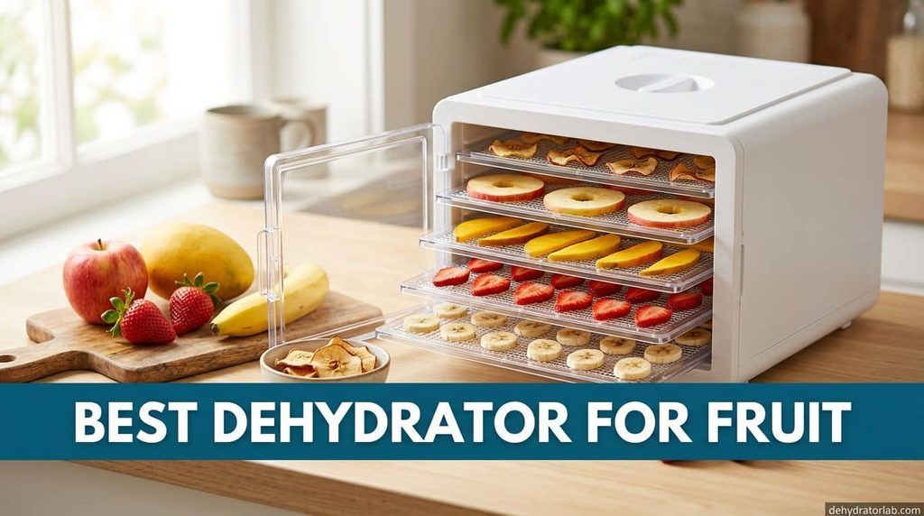 Best dehydrator for fruit with trays of apple rings, mango slices and strawberries drying